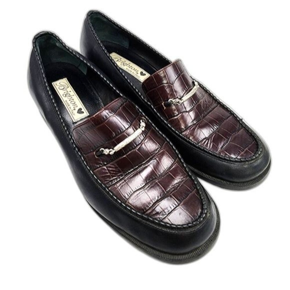 Brighton Sarah Brown Croc Embossed and Black Leather Slip On Loafers Size 8.5